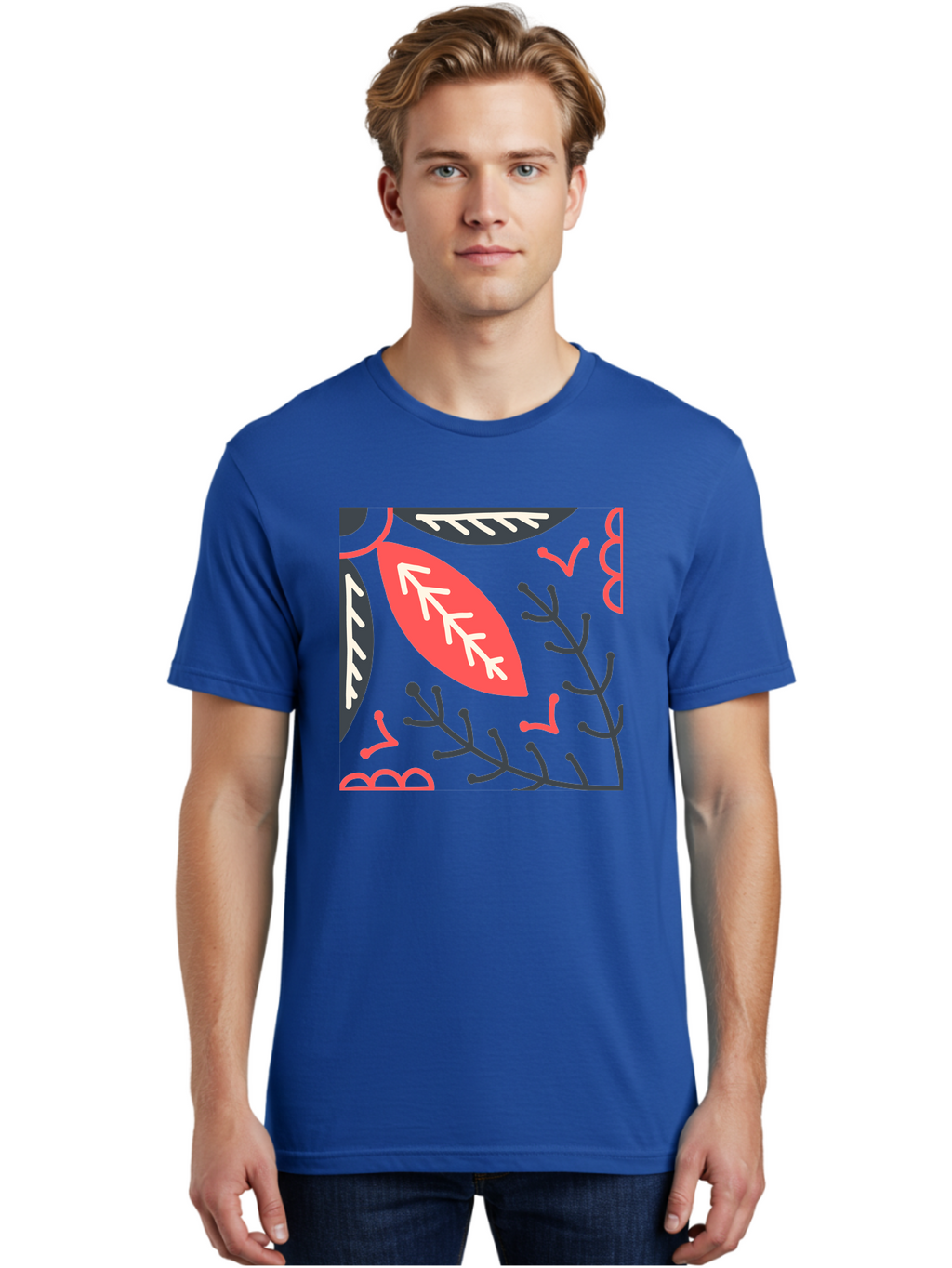 Floral-Pattern-12 Men'S Graphic Tee, 100% Cotton, Comfortable Casual Summer Wear, Machine Washable, Leaf Pattern, Floral Design, Abstract Leaves, Red And White Accents, Black Outlines, Whimsical Illustration, Botanical Art, Aab705