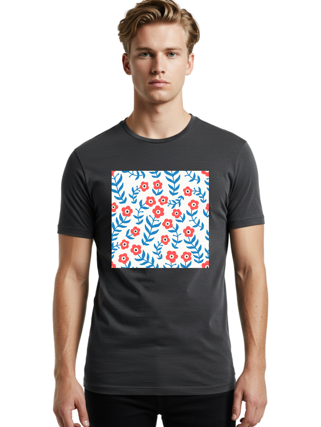 Floral-Pattern-13 Men'S Graphic Tee, 100% Cotton, Comfortable Casual Summer Wear, Machine Washable, Red Flowers, Blue Leaves, Floral Pattern, Repeating Design, Simple Shapes, Minimalist Style, Bold Colors, Playful Motif, Decorative Wallpaper, Aab706