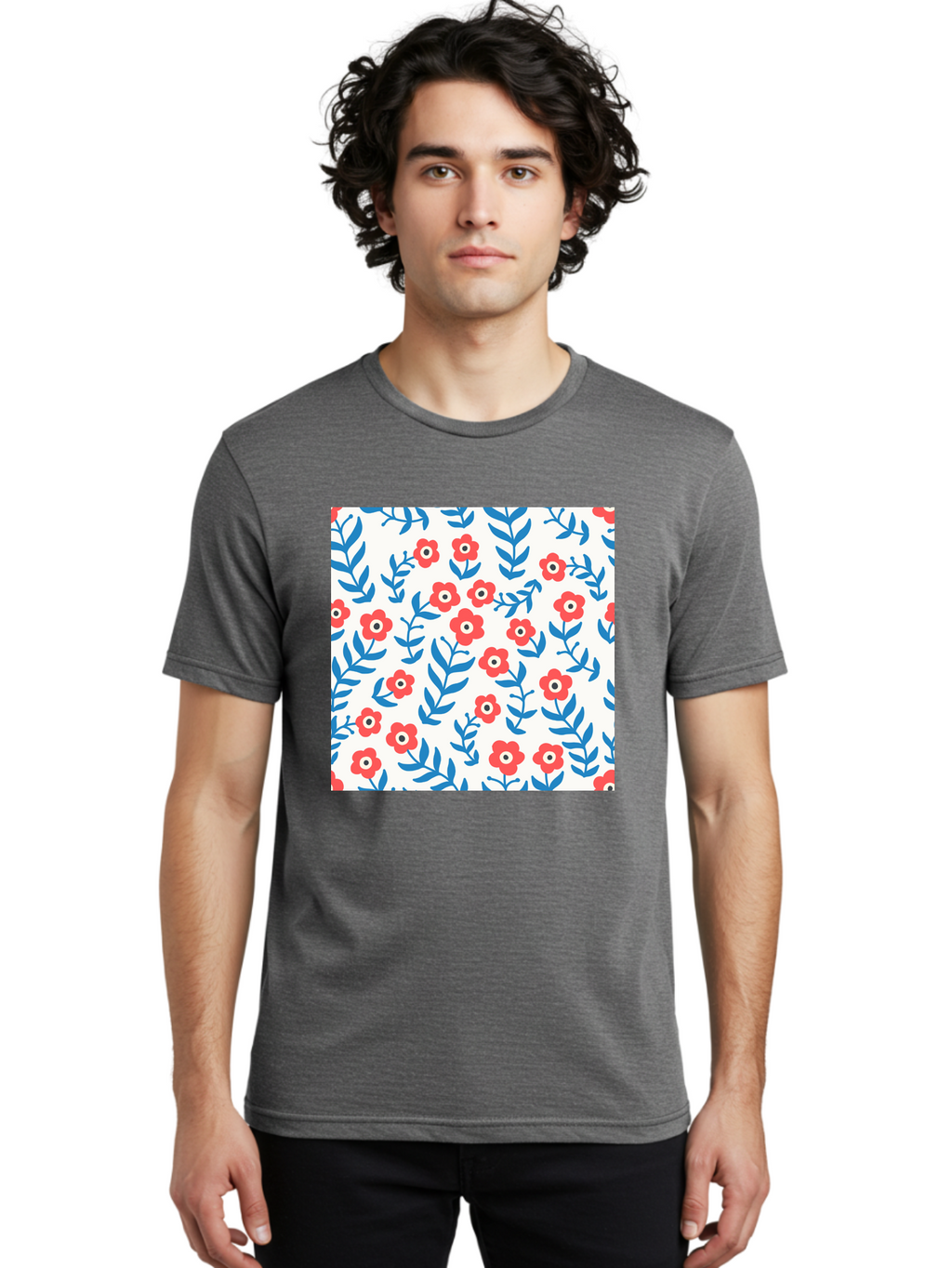 Floral-Pattern-13 Men'S Graphic Tee, 100% Cotton, Comfortable Casual Summer Wear, Machine Washable, Red Flowers, Blue Leaves, Floral Pattern, Repeating Design, Simple Shapes, Minimalist Style, Bold Colors, Playful Motif, Decorative Wallpaper, Aab706