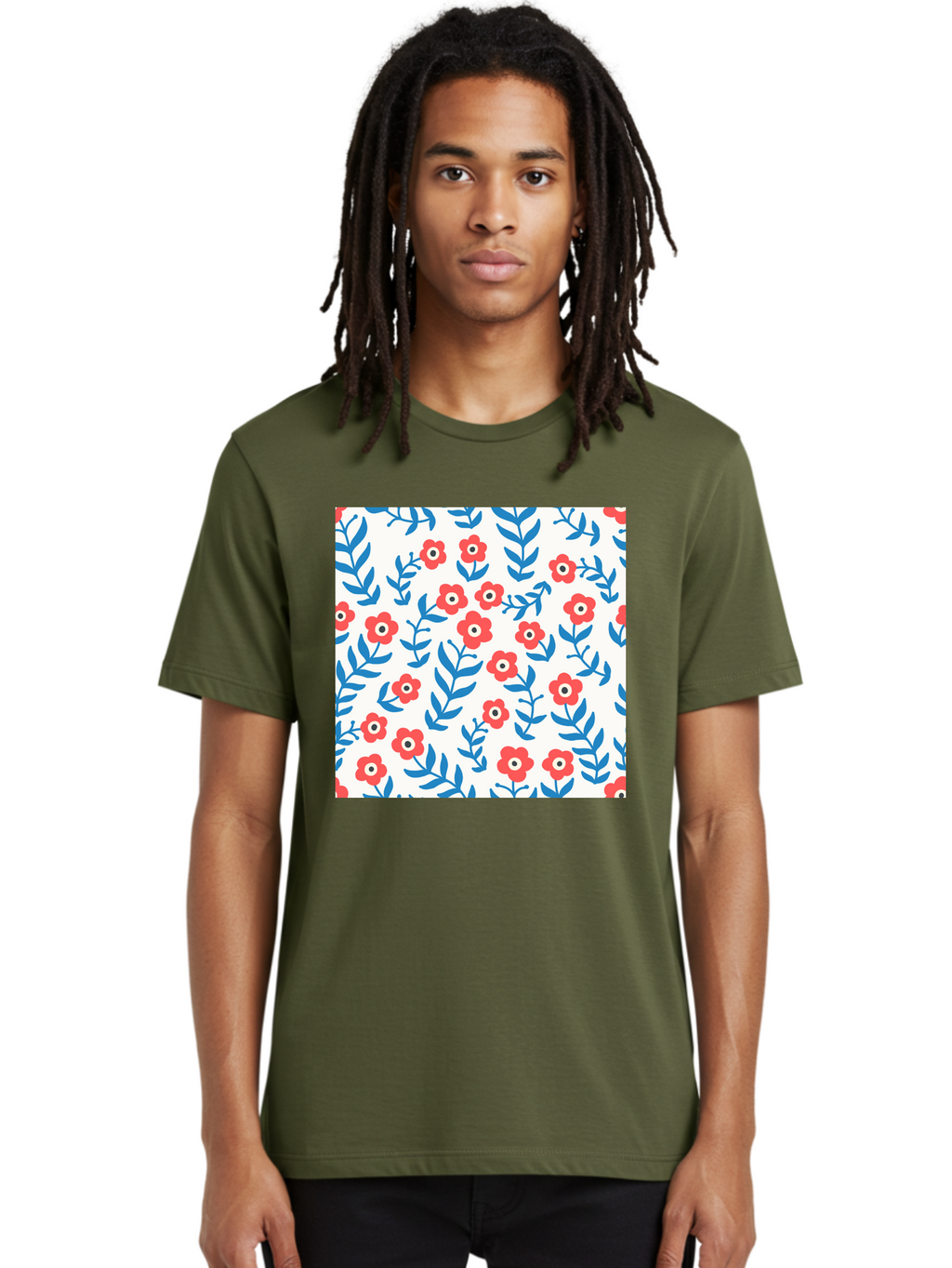 Floral-Pattern-13 Men'S Graphic Tee, 100% Cotton, Comfortable Casual Summer Wear, Machine Washable, Red Flowers, Blue Leaves, Floral Pattern, Repeating Design, Simple Shapes, Minimalist Style, Bold Colors, Playful Motif, Decorative Wallpaper, Aab706
