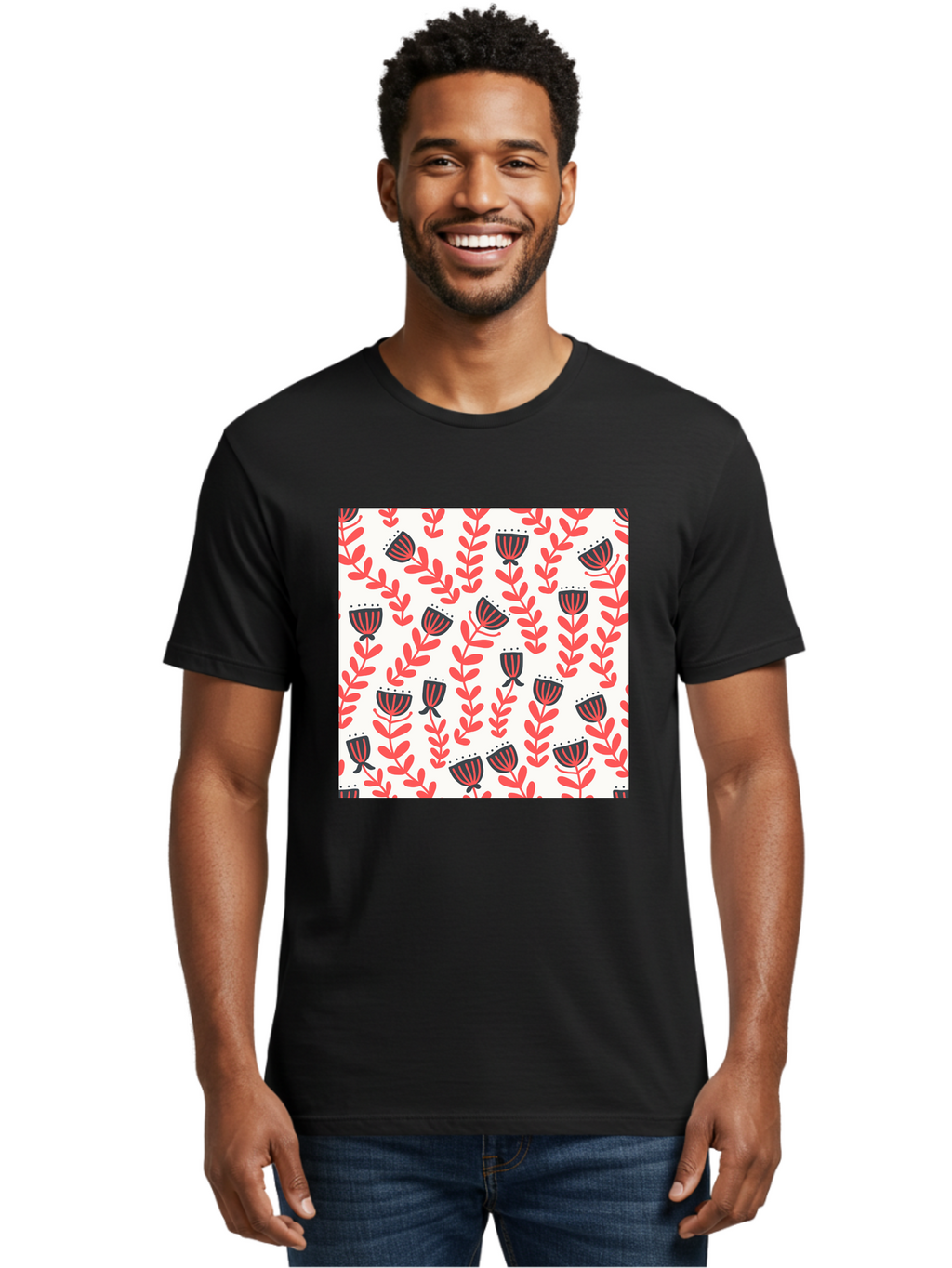 Floral-Pattern-14 Men'S Graphic Tee, 100% Cotton, Comfortable Casual Summer Wear, Machine Washable, Repeating Floral Pattern, Red Leaves, Black And Red Flowers, Minimalist Design, Simple Shapes, Folk Art Style, Wallpaper Design, Aab707