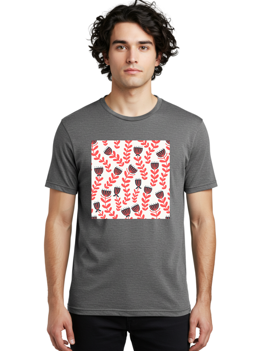 Floral-Pattern-14 Men'S Graphic Tee, 100% Cotton, Comfortable Casual Summer Wear, Machine Washable, Repeating Floral Pattern, Red Leaves, Black And Red Flowers, Minimalist Design, Simple Shapes, Folk Art Style, Wallpaper Design, Aab707