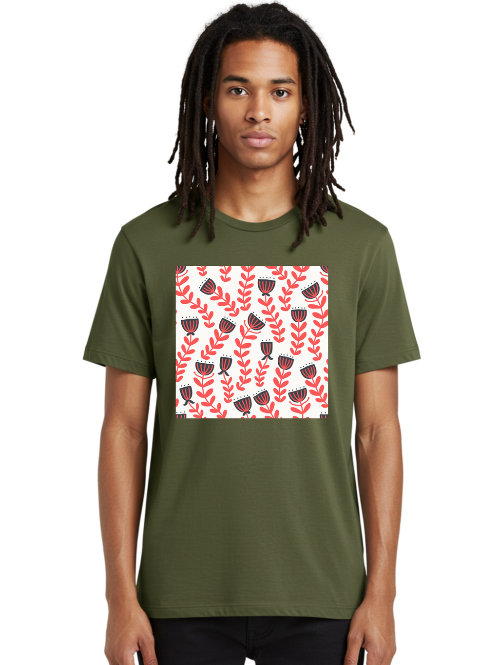 Floral-Pattern-14 Men'S Graphic Tee, 100% Cotton, Comfortable Casual Summer Wear, Machine Washable, Repeating Floral Pattern, Red Leaves, Black And Red Flowers, Minimalist Design, Simple Shapes, Folk Art Style, Wallpaper Design, Aab707