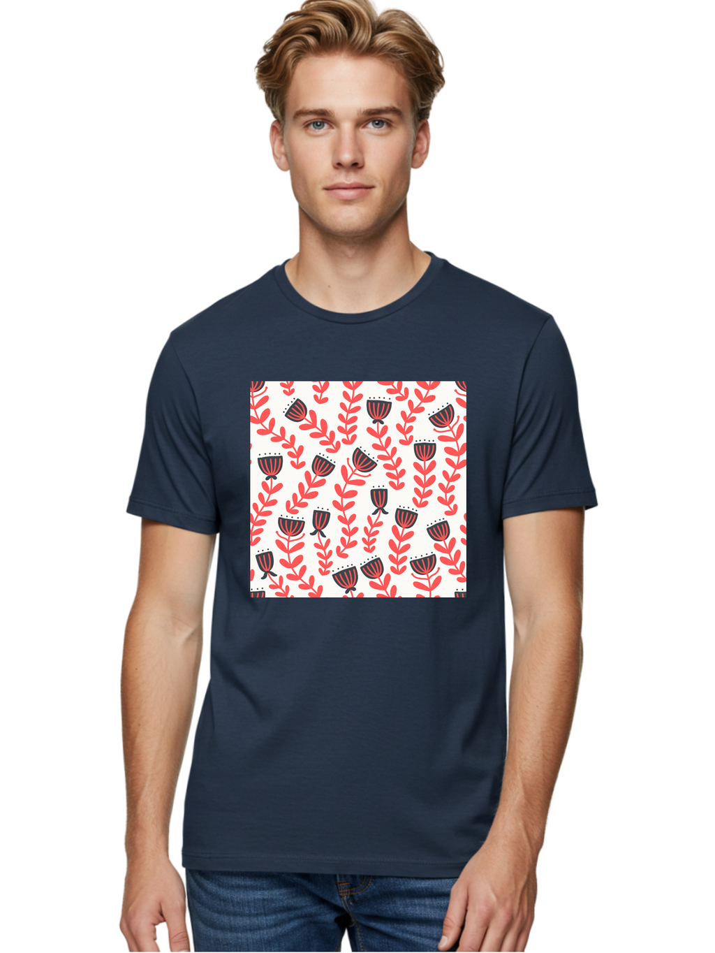 Floral-Pattern-14 Men'S Graphic Tee, 100% Cotton, Comfortable Casual Summer Wear, Machine Washable, Repeating Floral Pattern, Red Leaves, Black And Red Flowers, Minimalist Design, Simple Shapes, Folk Art Style, Wallpaper Design, Aab707