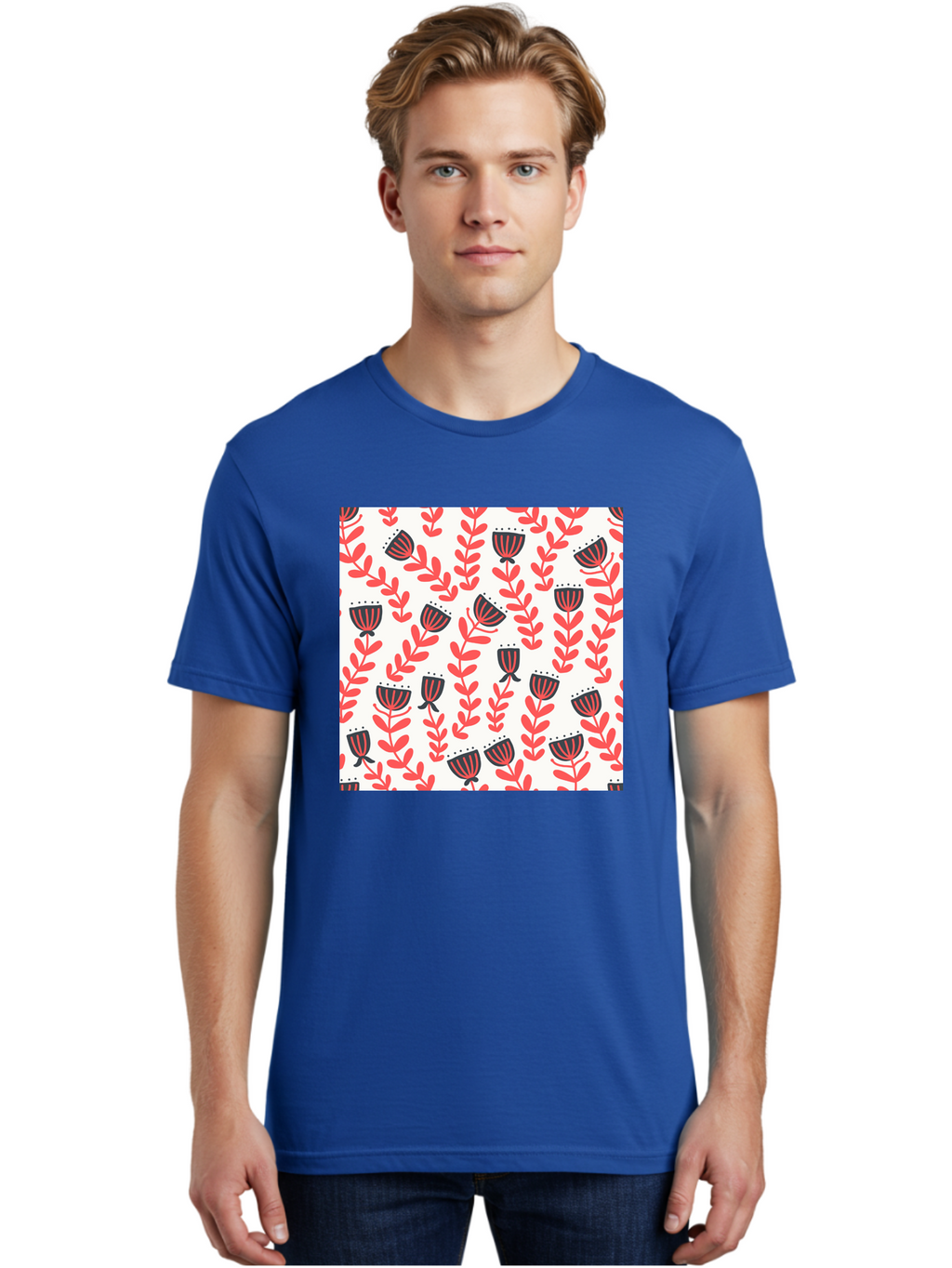 Floral-Pattern-14 Men'S Graphic Tee, 100% Cotton, Comfortable Casual Summer Wear, Machine Washable, Repeating Floral Pattern, Red Leaves, Black And Red Flowers, Minimalist Design, Simple Shapes, Folk Art Style, Wallpaper Design, Aab707