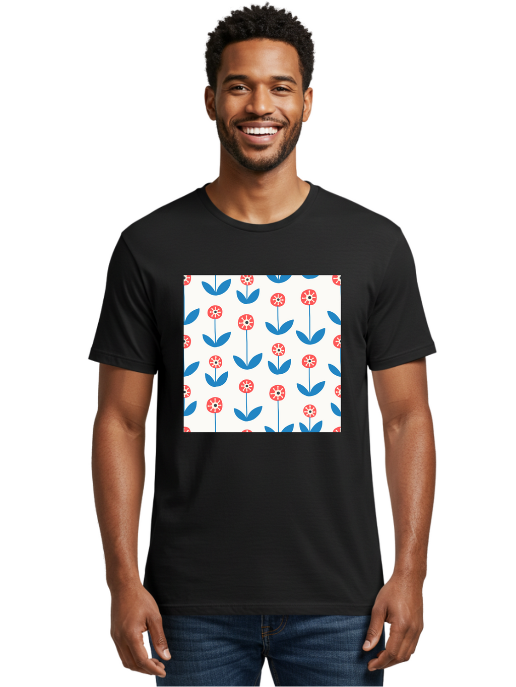 Floral-Pattern-15 Men'S Graphic Tee, 100% Cotton, Comfortable Casual Summer Wear, Machine Washable, Repeating Floral Pattern, Red Flowers With White Details, Blue Leaves And Stems, Simple Design, Minimalist Style, Seamless Repeat, Aab708
