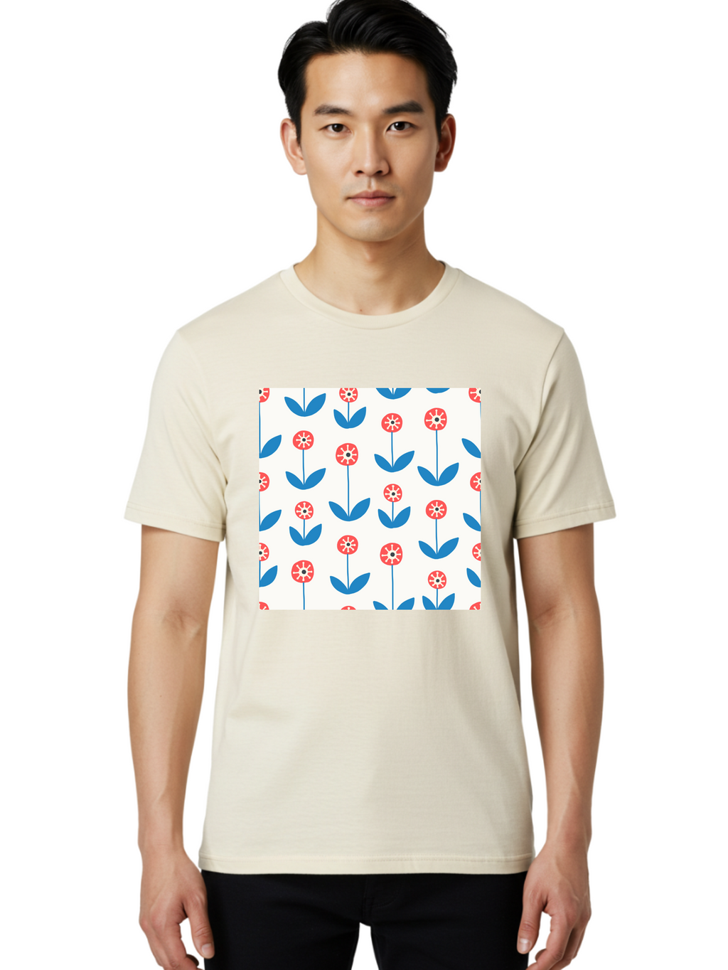 Floral-Pattern-15 Men'S Graphic Tee, 100% Cotton, Comfortable Casual Summer Wear, Machine Washable, Repeating Floral Pattern, Red Flowers With White Details, Blue Leaves And Stems, Simple Design, Minimalist Style, Seamless Repeat, Aab708