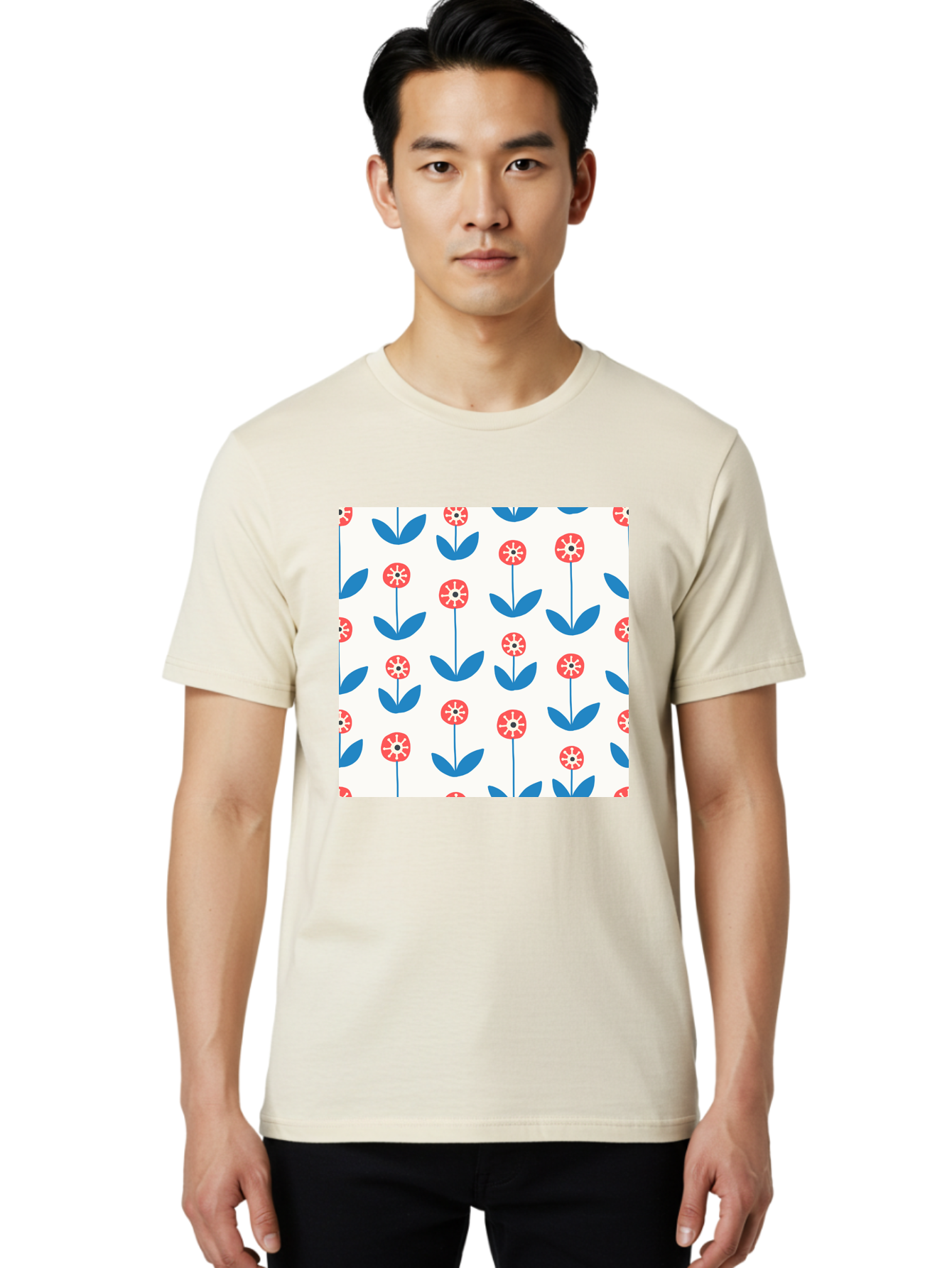 Floral-Pattern-15 Men'S Graphic Tee, 100% Cotton, Comfortable Casual Summer Wear, Machine Washable, Repeating Floral Pattern, Red Flowers With White Details, Blue Leaves And Stems, Simple Design, Minimalist Style, Seamless Repeat, Aab708