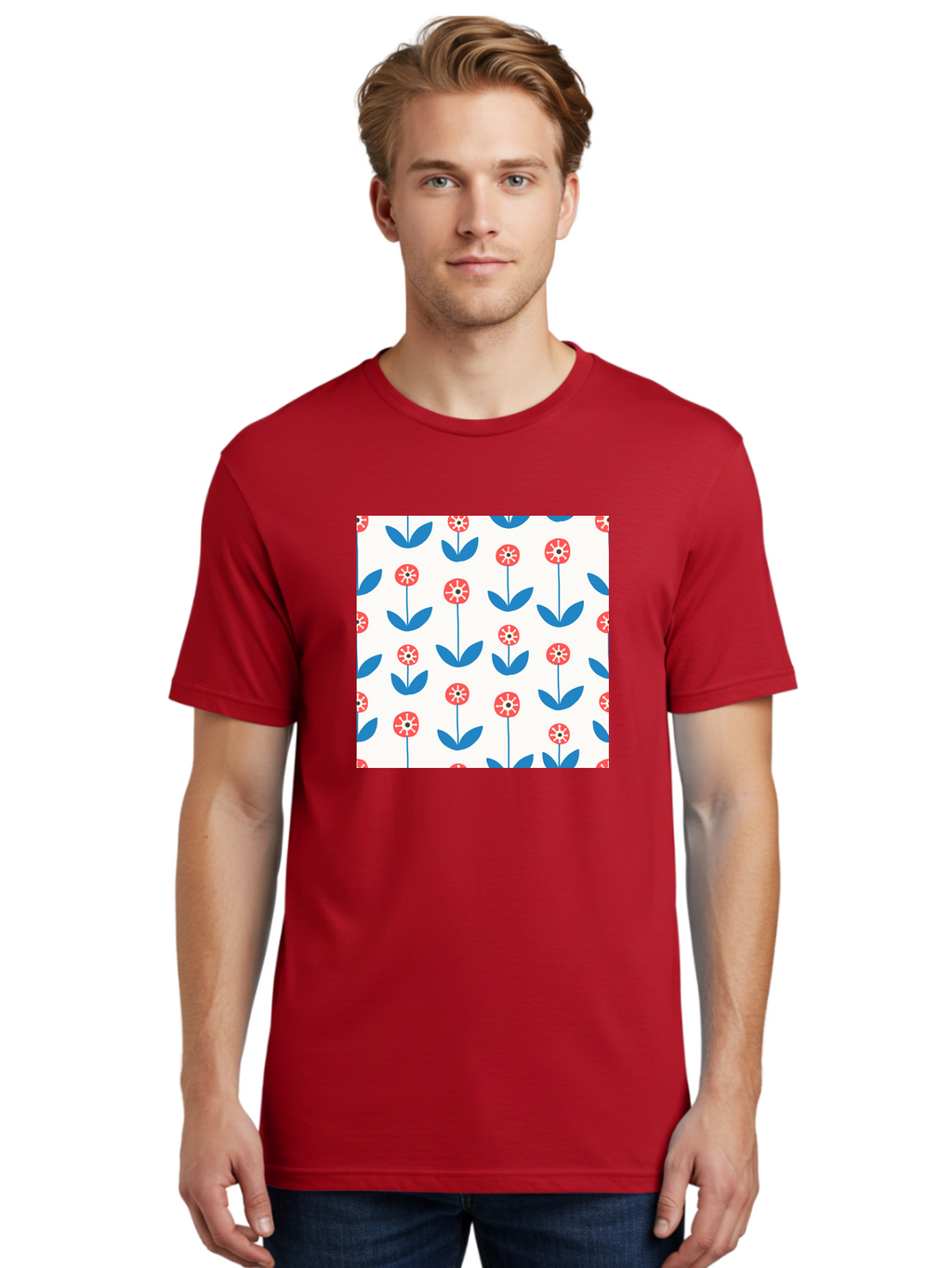 Floral-Pattern-15 Men'S Graphic Tee, 100% Cotton, Comfortable Casual Summer Wear, Machine Washable, Repeating Floral Pattern, Red Flowers With White Details, Blue Leaves And Stems, Simple Design, Minimalist Style, Seamless Repeat, Aab708