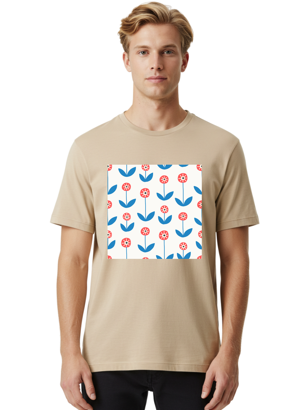 Floral-Pattern-15 Men'S Graphic Tee, 100% Cotton, Comfortable Casual Summer Wear, Machine Washable, Repeating Floral Pattern, Red Flowers With White Details, Blue Leaves And Stems, Simple Design, Minimalist Style, Seamless Repeat, Aab708