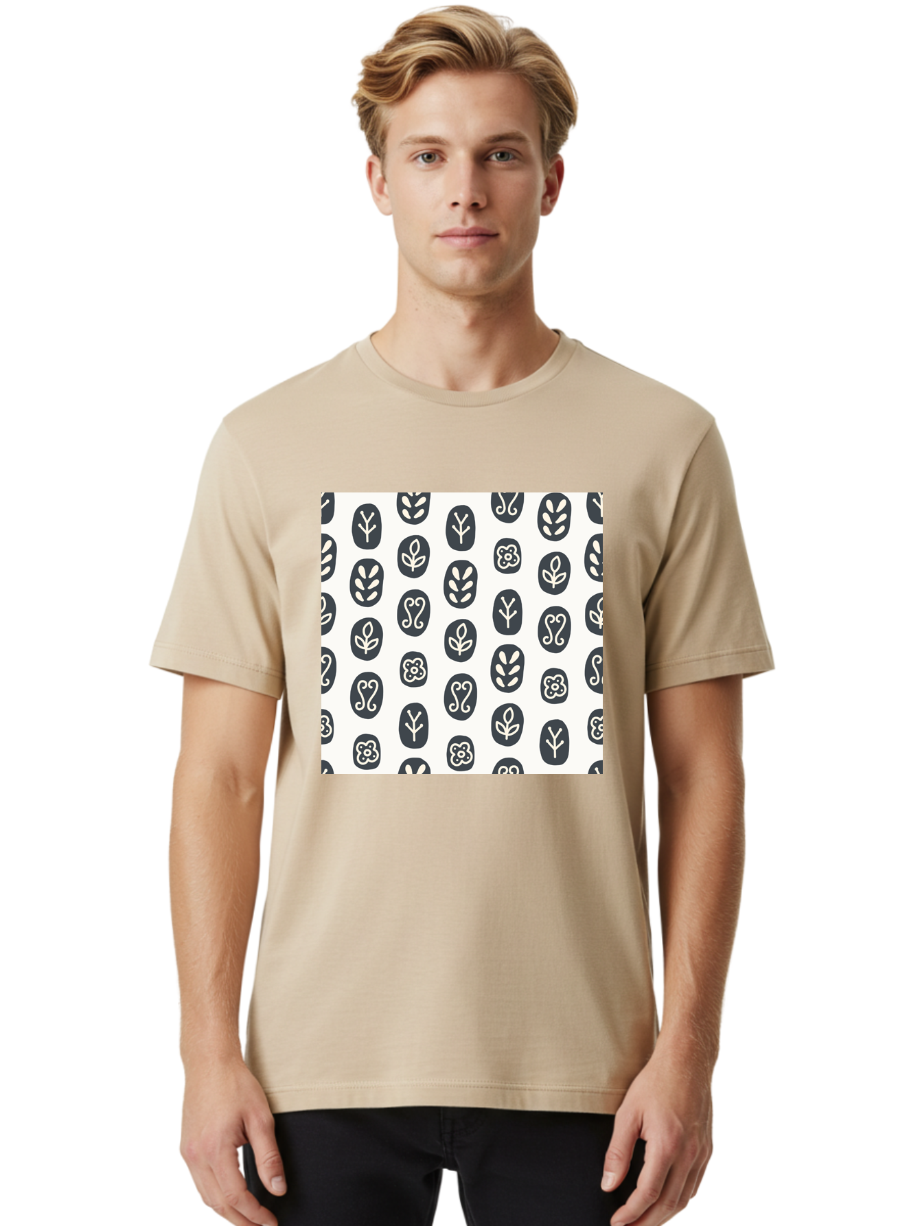 Floral-Pattern-16 Men'S Graphic Tee, 100% Cotton, Comfortable Casual Summer Wear, Machine Washable, Minimalist Botanical Design, Stylized Floral Motifs, Simple Shapes, Repetitive Pattern, Elegant Simplicity, Soothing Aesthetics, Aab709