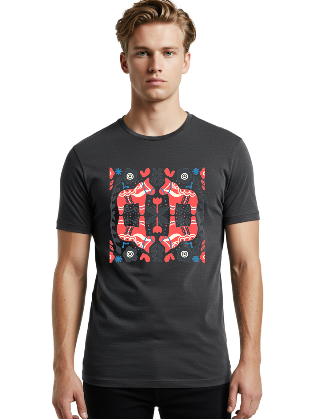 Floral-Pattern-2 Men'S Graphic Tee, 100% Cotton, Comfortable Casual Summer Wear, Machine Washable, Floral Designs, Geometric Shapes, Abstract Art, Black Flowers, Red And White Accents, Blue Details, Decorative Pattern, Symmetrical Design, Aab712