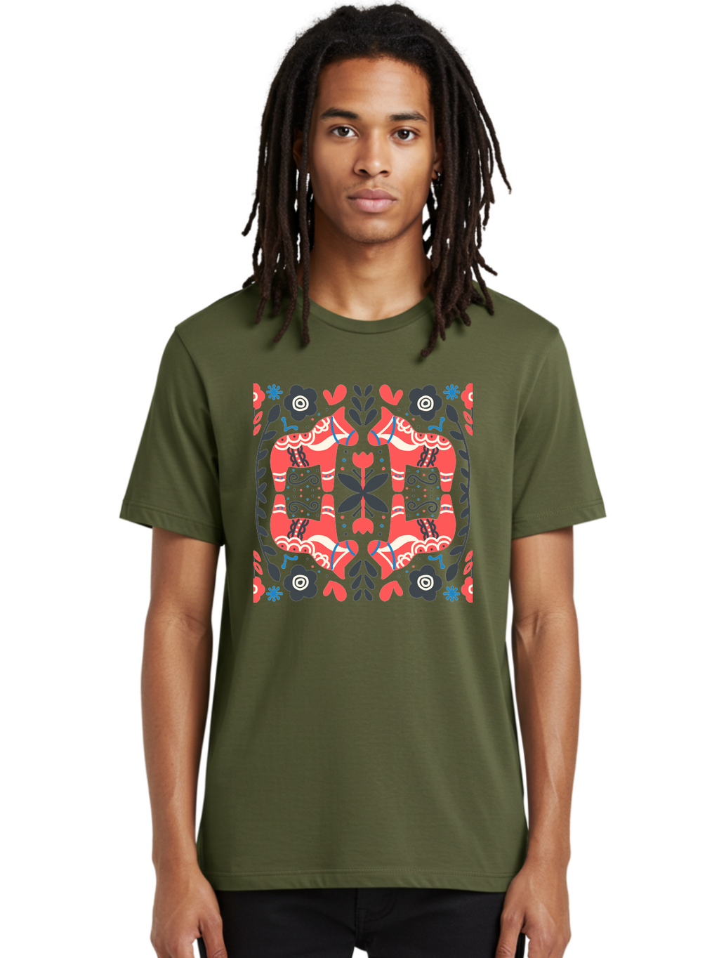 Floral-Pattern-2 Men'S Graphic Tee, 100% Cotton, Comfortable Casual Summer Wear, Machine Washable, Floral Designs, Geometric Shapes, Abstract Art, Black Flowers, Red And White Accents, Blue Details, Decorative Pattern, Symmetrical Design, Aab712