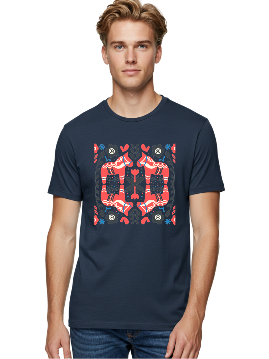 Floral-Pattern-2 Men'S Graphic Tee, 100% Cotton, Comfortable Casual Summer Wear, Machine Washable, Floral Designs, Geometric Shapes, Abstract Art, Black Flowers, Red And White Accents, Blue Details, Decorative Pattern, Symmetrical Design, Aab712