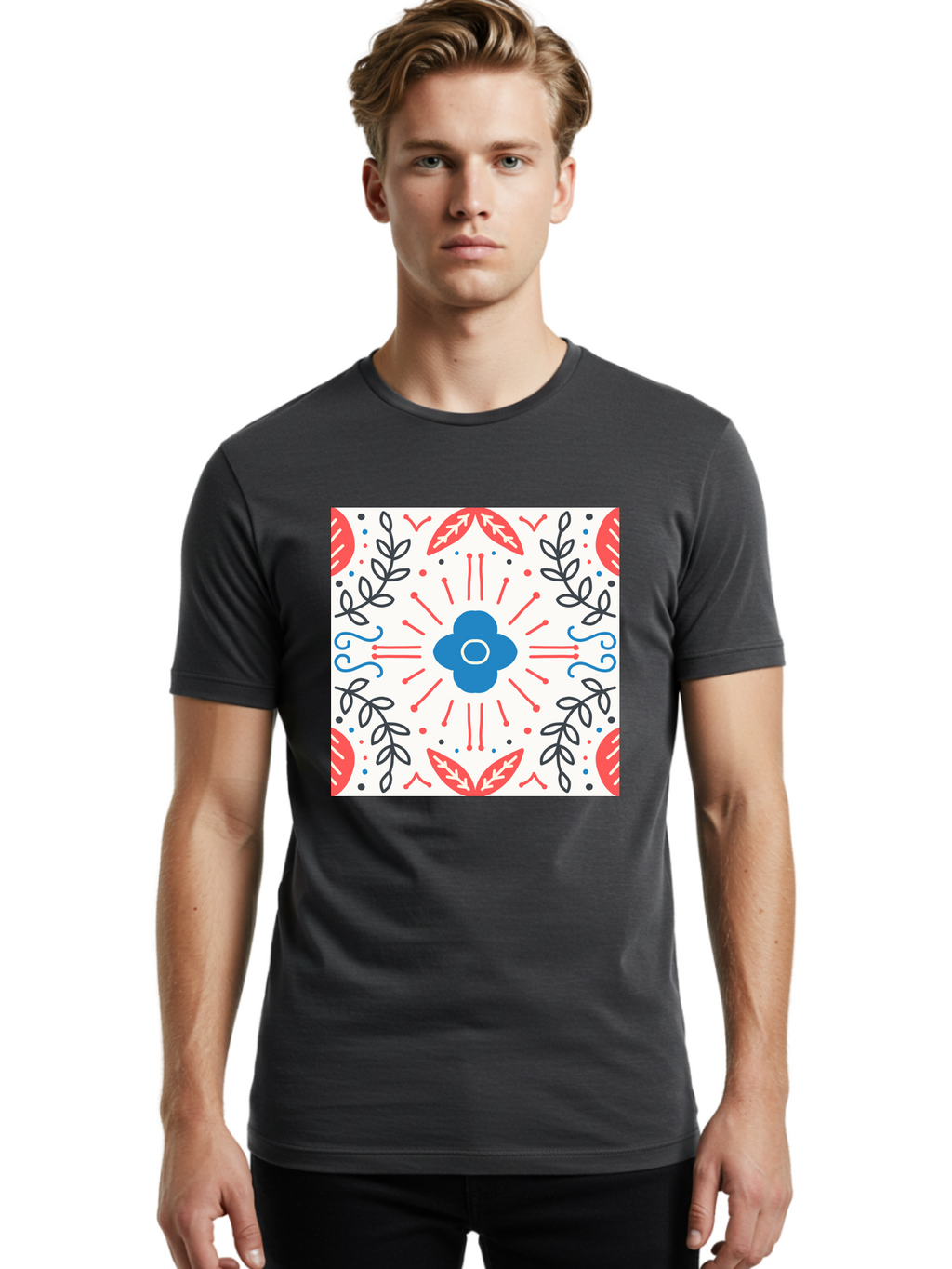 Floral-Pattern-3 Men'S Graphic Tee, 100% Cotton, Comfortable Casual Summer Wear, Machine Washable, Floral Design, Blue Flower, Red And Black Leaves, Abstract Pattern, Symmetrical Composition, Vintage Style, Decorative Elements, Aab713