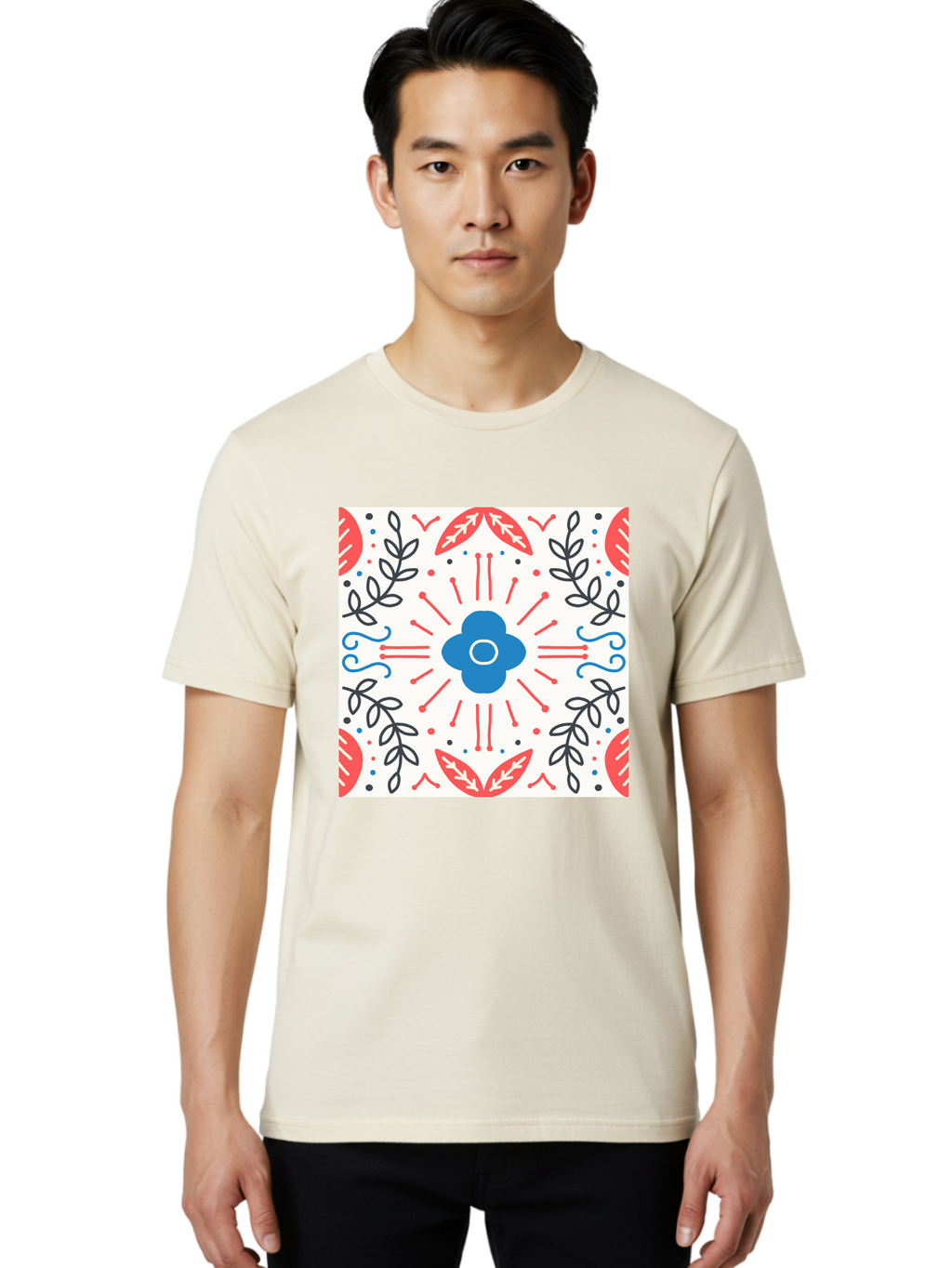 Floral-Pattern-3 Men'S Graphic Tee, 100% Cotton, Comfortable Casual Summer Wear, Machine Washable, Floral Design, Blue Flower, Red And Black Leaves, Abstract Pattern, Symmetrical Composition, Vintage Style, Decorative Elements, Aab713
