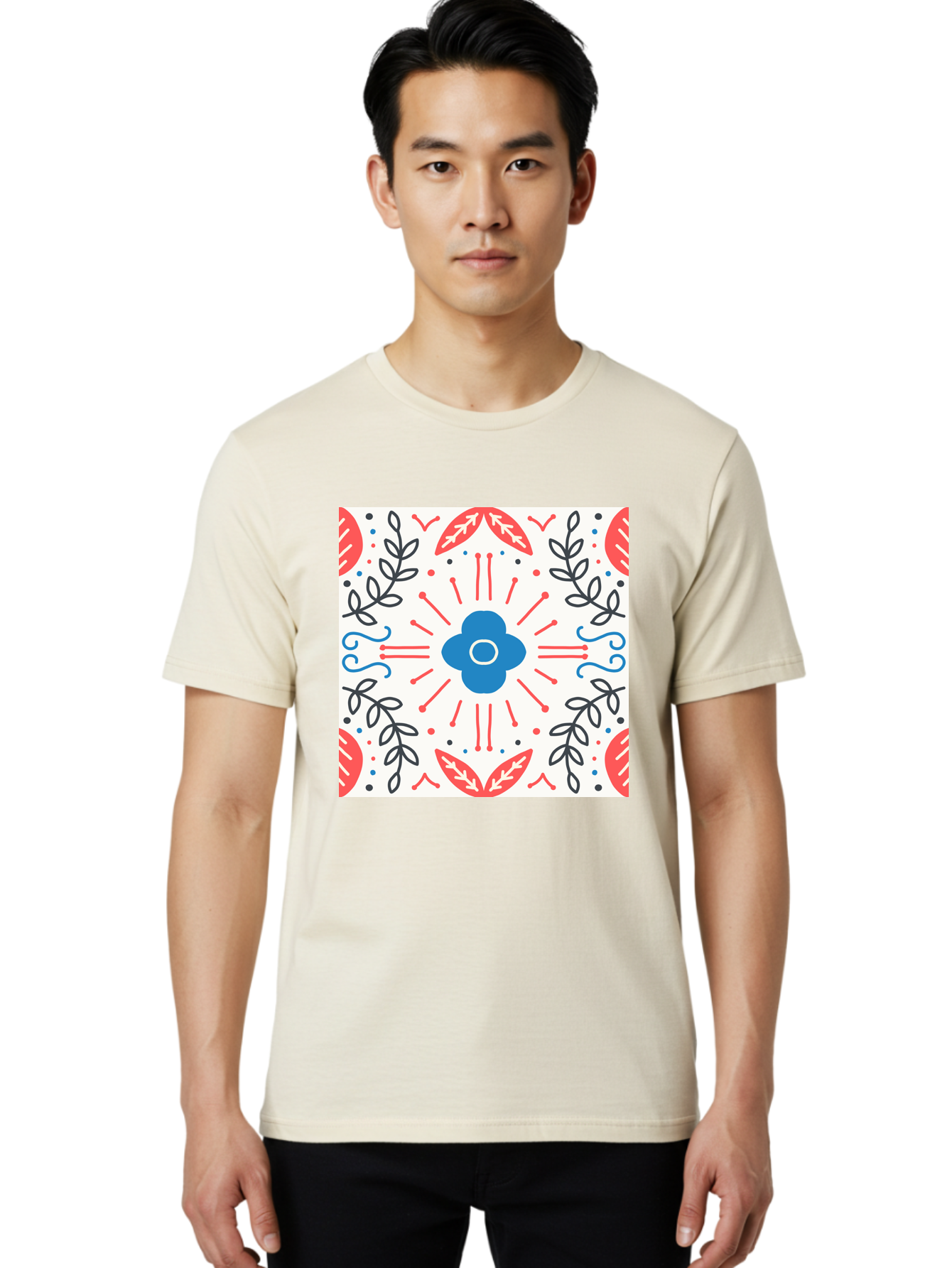 Floral-Pattern-3 Men'S Graphic Tee, 100% Cotton, Comfortable Casual Summer Wear, Machine Washable, Floral Design, Blue Flower, Red And Black Leaves, Abstract Pattern, Symmetrical Composition, Vintage Style, Decorative Elements, Aab713