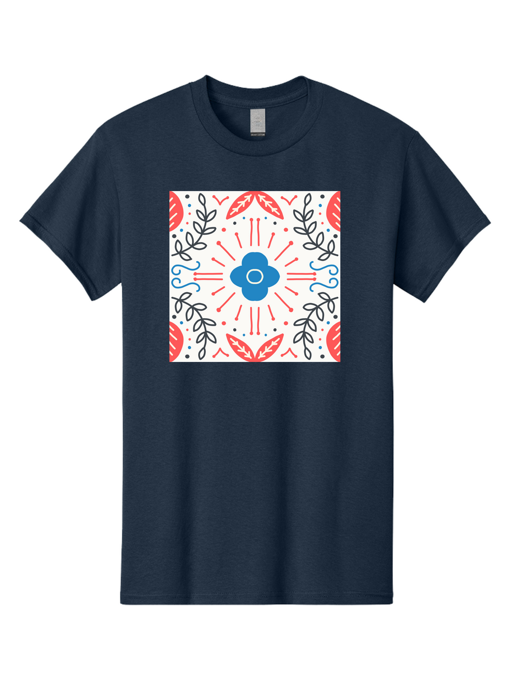 Floral-Pattern-3 Men'S Graphic Tee, 100% Cotton, Comfortable Casual Summer Wear, Machine Washable, Floral Design, Blue Flower, Red And Black Leaves, Abstract Pattern, Symmetrical Composition, Vintage Style, Decorative Elements, Aab713