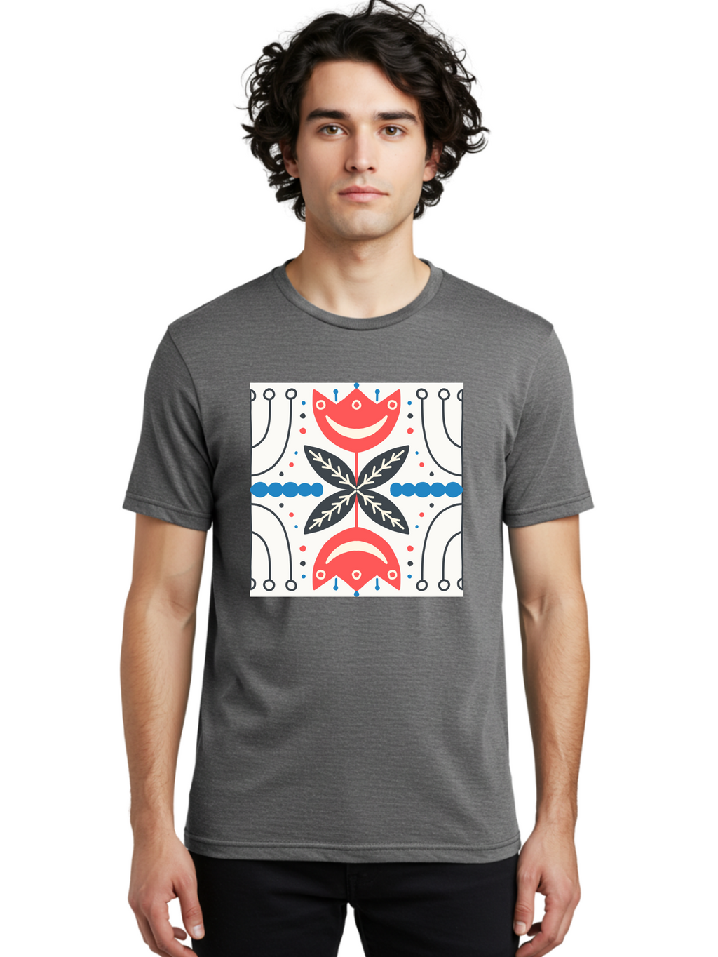 Floral-Pattern-4 Men'S Graphic Tee, 100% Cotton, Comfortable Casual Summer Wear, Machine Washable, Abstract Floral Design, Symmetrical Pattern, Red And Black Petals, White Accents, Blue Dots, Minimalist Style, Modern Graphic, Aab714