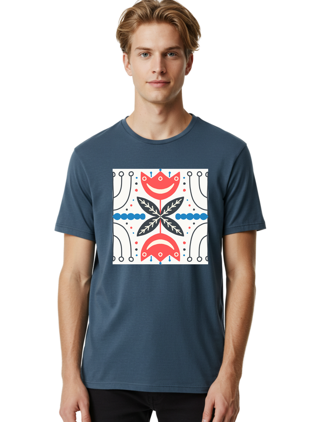 Floral-Pattern-4 Men'S Graphic Tee, 100% Cotton, Comfortable Casual Summer Wear, Machine Washable, Abstract Floral Design, Symmetrical Pattern, Red And Black Petals, White Accents, Blue Dots, Minimalist Style, Modern Graphic, Aab714