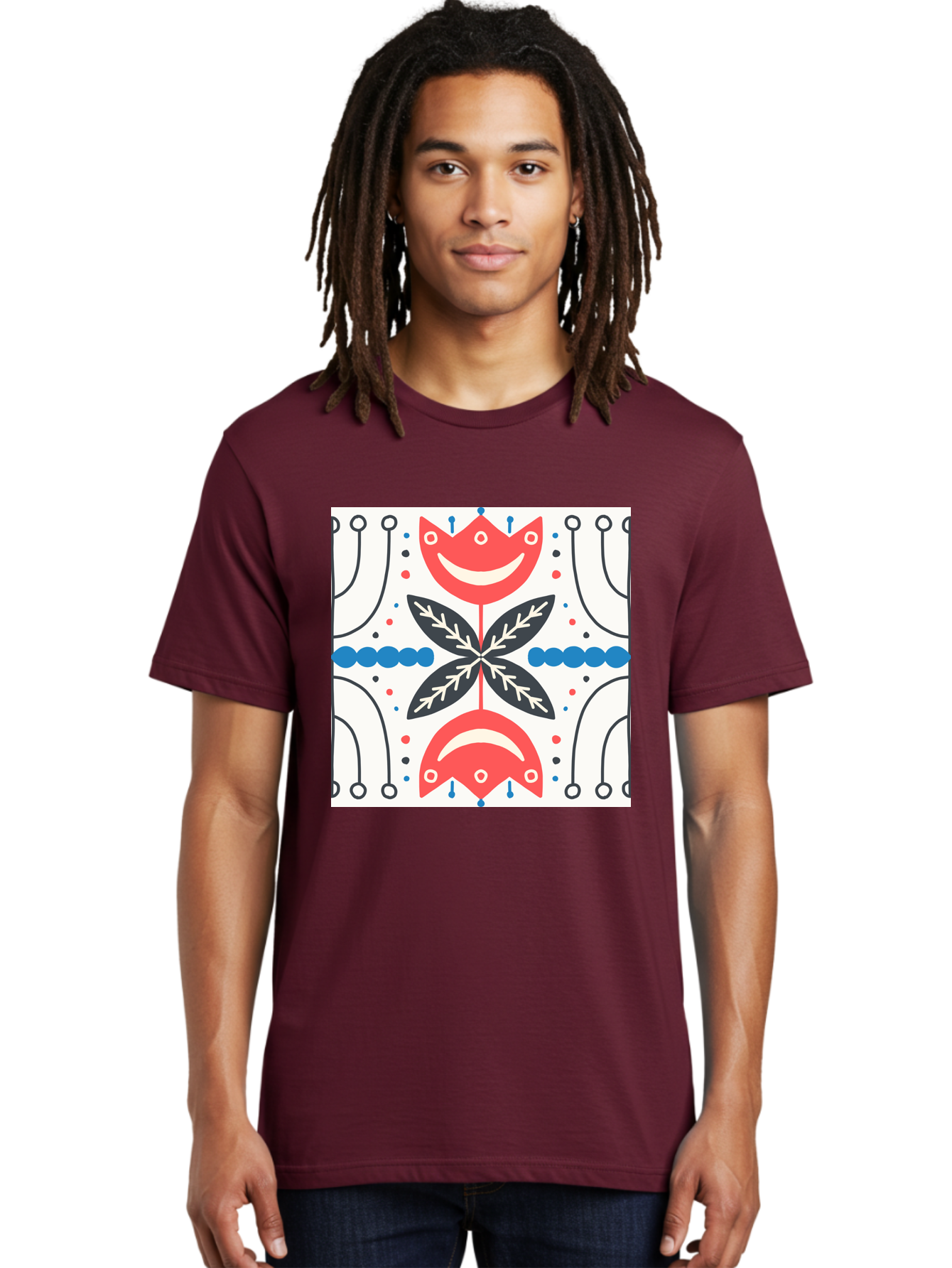 Floral-Pattern-4 Men'S Graphic Tee, 100% Cotton, Comfortable Casual Summer Wear, Machine Washable, Abstract Floral Design, Symmetrical Pattern, Red And Black Petals, White Accents, Blue Dots, Minimalist Style, Modern Graphic, Aab714