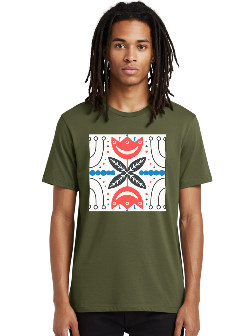 Floral-Pattern-4 Men'S Graphic Tee, 100% Cotton, Comfortable Casual Summer Wear, Machine Washable, Abstract Floral Design, Symmetrical Pattern, Red And Black Petals, White Accents, Blue Dots, Minimalist Style, Modern Graphic, Aab714