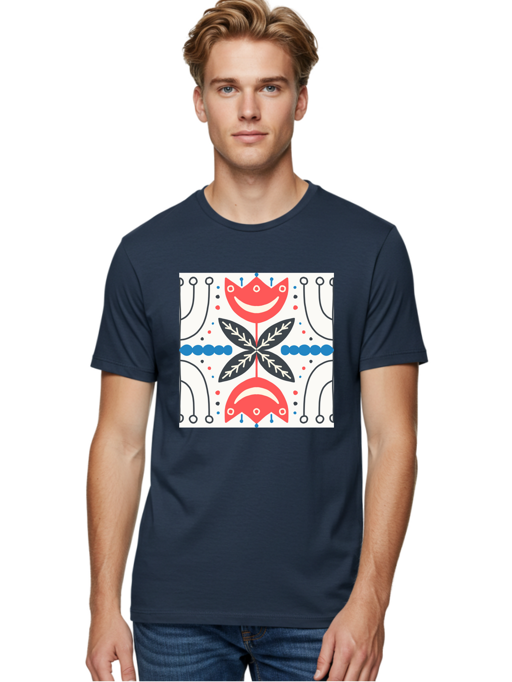 Floral-Pattern-4 Men'S Graphic Tee, 100% Cotton, Comfortable Casual Summer Wear, Machine Washable, Abstract Floral Design, Symmetrical Pattern, Red And Black Petals, White Accents, Blue Dots, Minimalist Style, Modern Graphic, Aab714