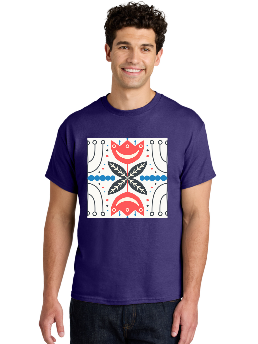 Floral-Pattern-4 Men'S Graphic Tee, 100% Cotton, Comfortable Casual Summer Wear, Machine Washable, Abstract Floral Design, Symmetrical Pattern, Red And Black Petals, White Accents, Blue Dots, Minimalist Style, Modern Graphic, Aab714