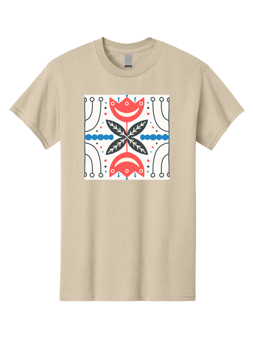 Floral-Pattern-4 Men'S Graphic Tee, 100% Cotton, Comfortable Casual Summer Wear, Machine Washable, Abstract Floral Design, Symmetrical Pattern, Red And Black Petals, White Accents, Blue Dots, Minimalist Style, Modern Graphic, Aab714