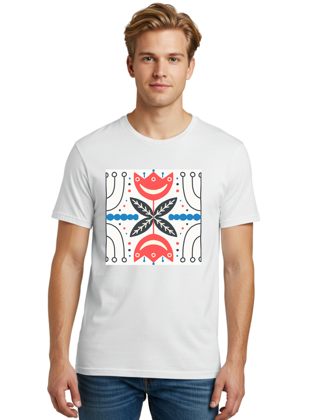 Floral-Pattern-4 Men'S Graphic Tee, 100% Cotton, Comfortable Casual Summer Wear, Machine Washable, Abstract Floral Design, Symmetrical Pattern, Red And Black Petals, White Accents, Blue Dots, Minimalist Style, Modern Graphic, Aab714