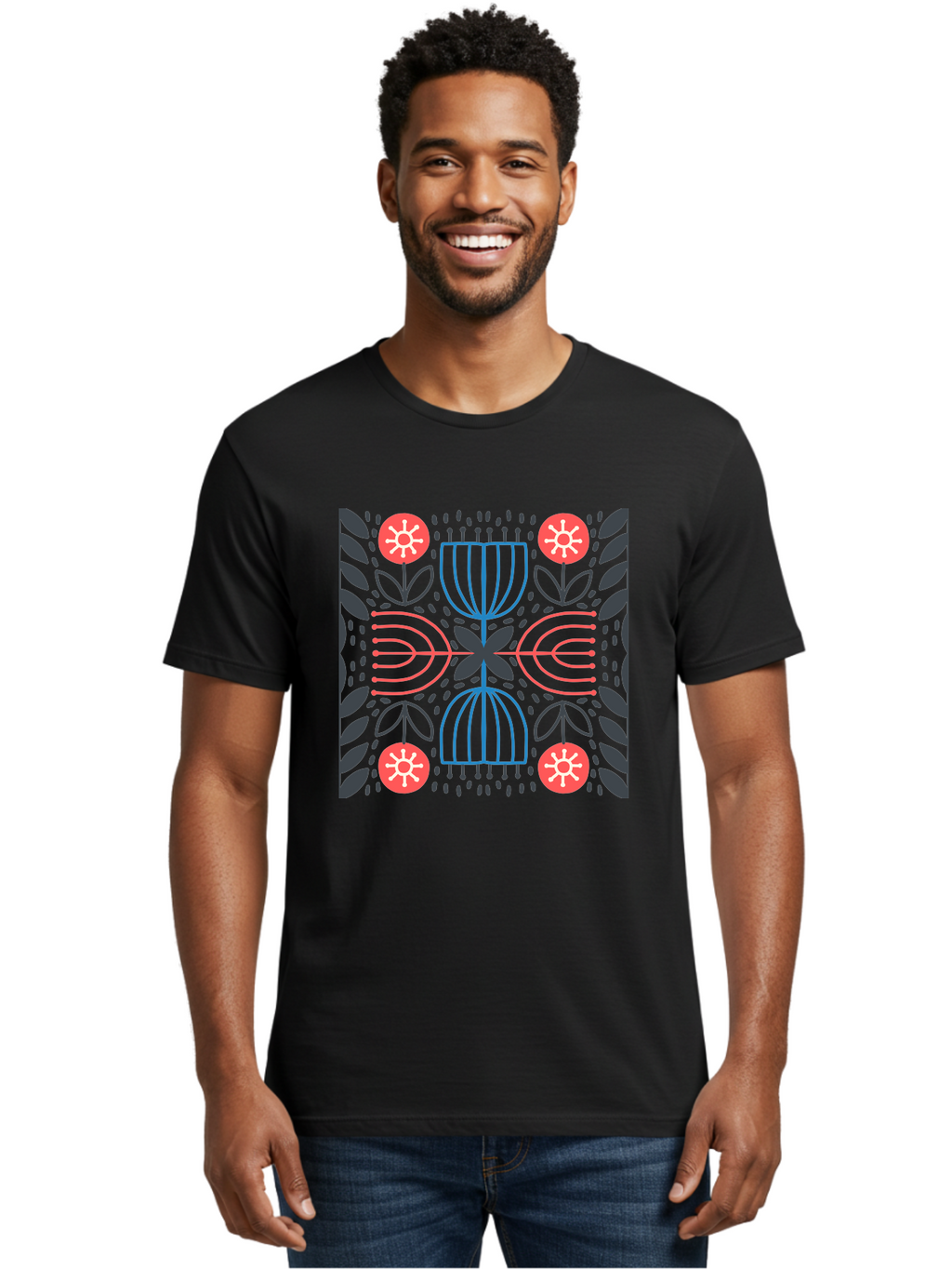 Floral-Pattern-5 Men'S Graphic Tee, 100% Cotton, Comfortable Casual Summer Wear, Machine Washable, Abstract Floral Pattern, Symmetrical Design, Red Flowers, White Centers, Blue And Pink Lines, Black Leaves, Geometric Shapes, Modern Art, Aab715