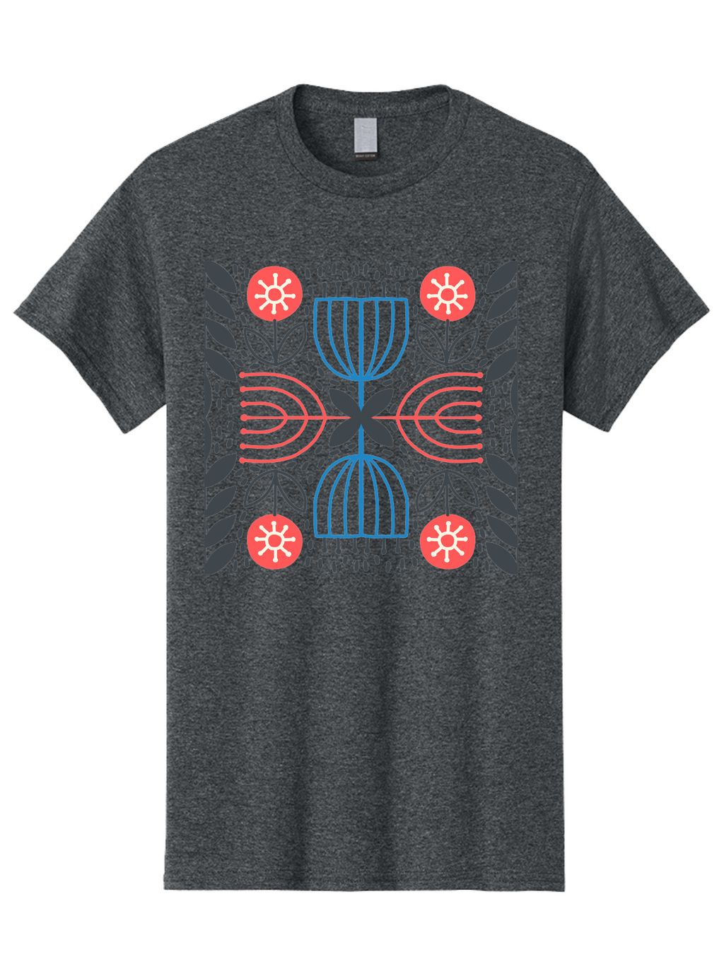Floral-Pattern-5 Men'S Graphic Tee, 100% Cotton, Comfortable Casual Summer Wear, Machine Washable, Abstract Floral Pattern, Symmetrical Design, Red Flowers, White Centers, Blue And Pink Lines, Black Leaves, Geometric Shapes, Modern Art, Aab715