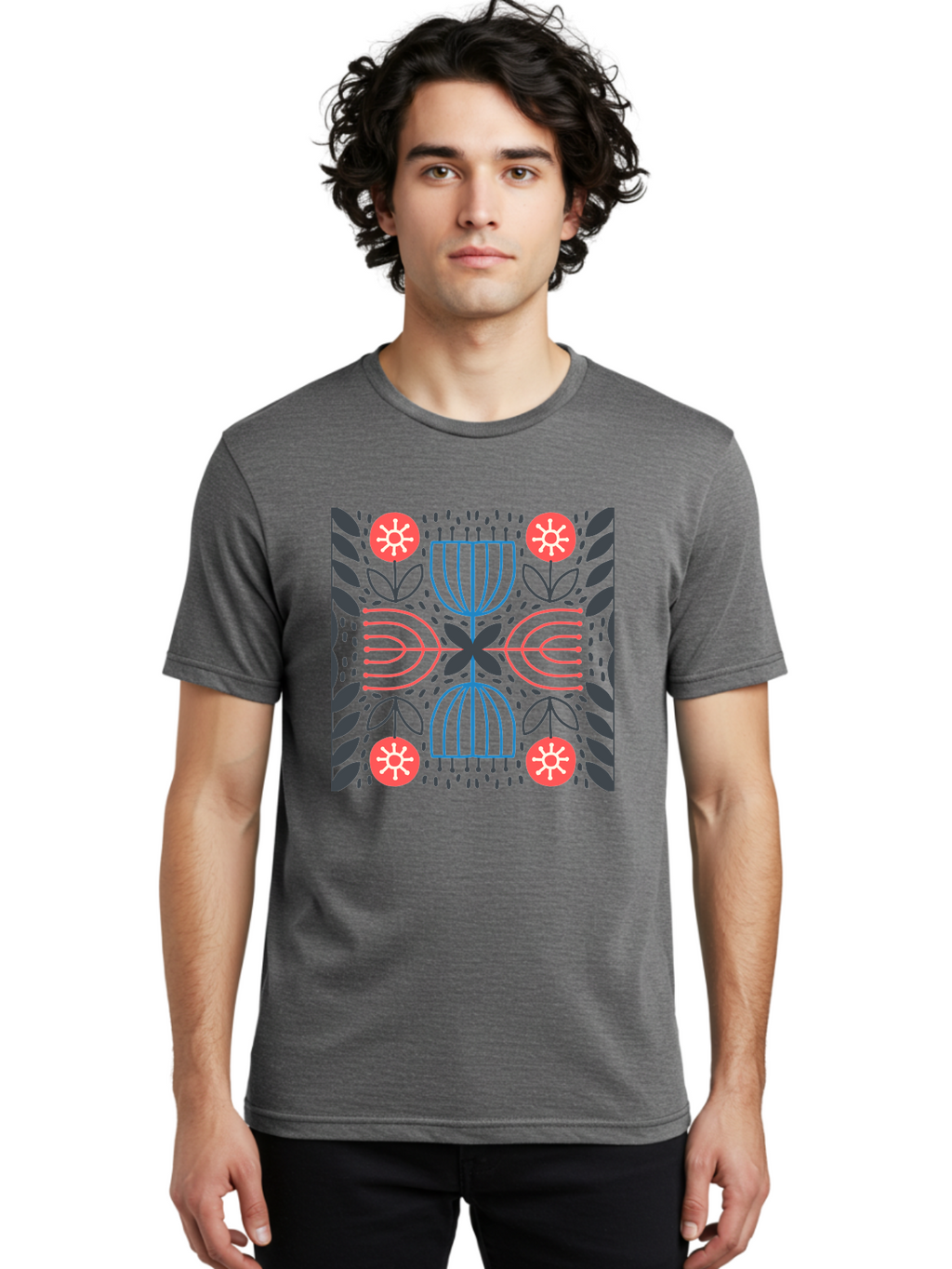 Floral-Pattern-5 Men'S Graphic Tee, 100% Cotton, Comfortable Casual Summer Wear, Machine Washable, Abstract Floral Pattern, Symmetrical Design, Red Flowers, White Centers, Blue And Pink Lines, Black Leaves, Geometric Shapes, Modern Art, Aab715