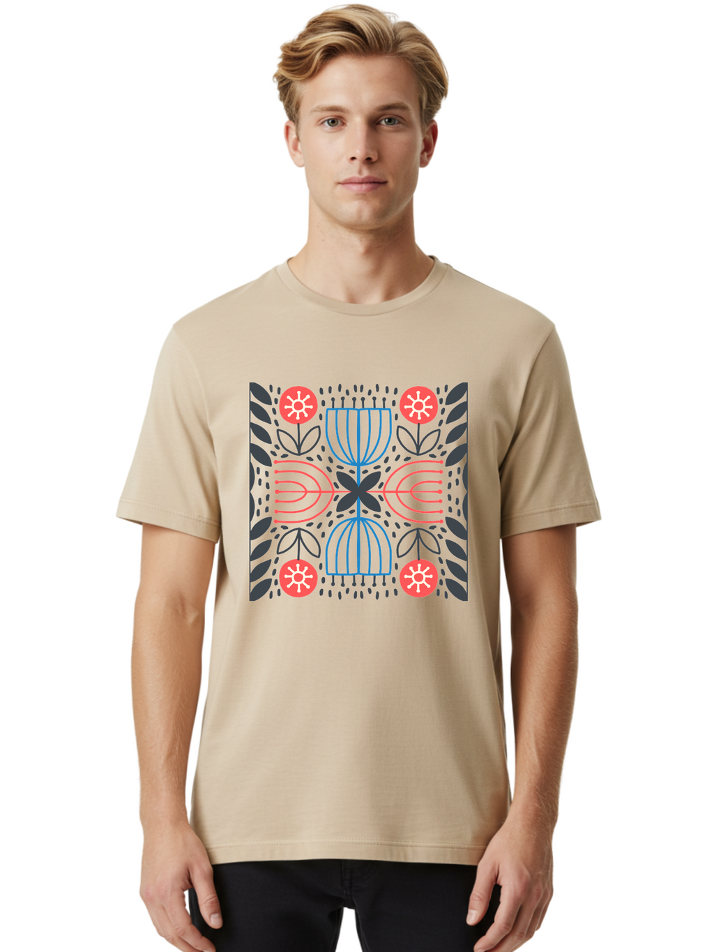 Floral-Pattern-5 Men'S Graphic Tee, 100% Cotton, Comfortable Casual Summer Wear, Machine Washable, Abstract Floral Pattern, Symmetrical Design, Red Flowers, White Centers, Blue And Pink Lines, Black Leaves, Geometric Shapes, Modern Art, Aab715