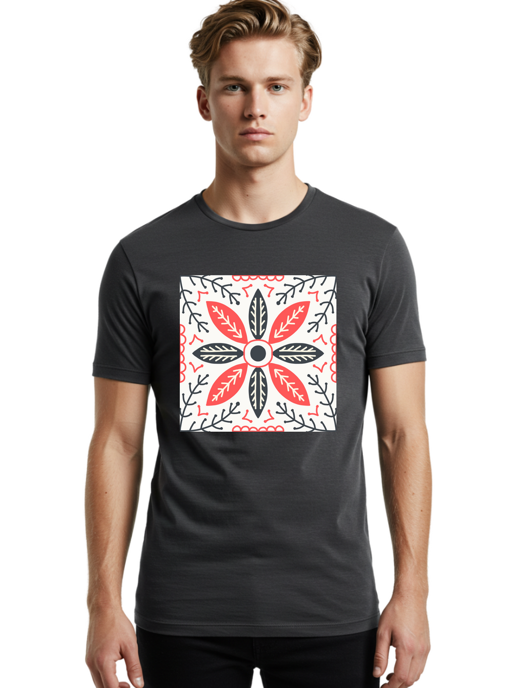 Floral-Pattern-6 Men'S Graphic Tee, 100% Cotton, Comfortable Casual Summer Wear, Machine Washable, Symmetrical Floral Design, Folk Art, Traditional Patterns, Red And Black Hues, Intricate Details, Decorative Elements, Ornate Style, Aab716