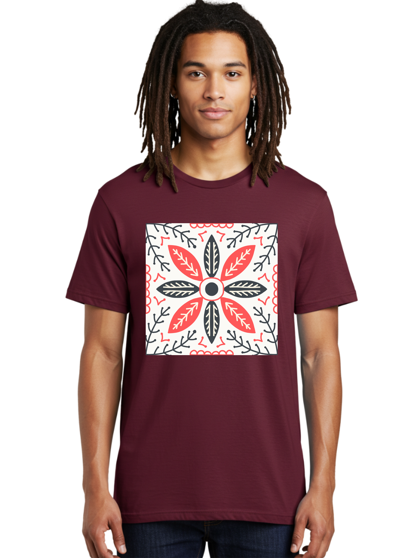 Floral-Pattern-6 Men'S Graphic Tee, 100% Cotton, Comfortable Casual Summer Wear, Machine Washable, Symmetrical Floral Design, Folk Art, Traditional Patterns, Red And Black Hues, Intricate Details, Decorative Elements, Ornate Style, Aab716
