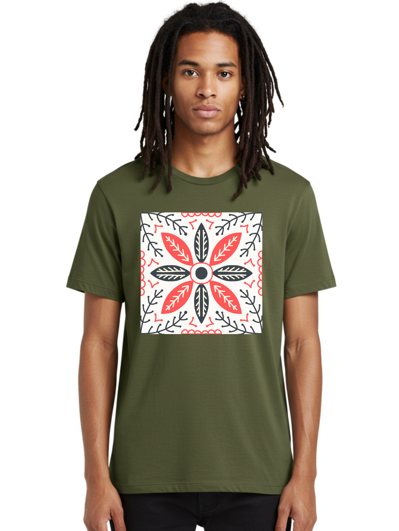 Floral-Pattern-6 Men'S Graphic Tee, 100% Cotton, Comfortable Casual Summer Wear, Machine Washable, Symmetrical Floral Design, Folk Art, Traditional Patterns, Red And Black Hues, Intricate Details, Decorative Elements, Ornate Style, Aab716