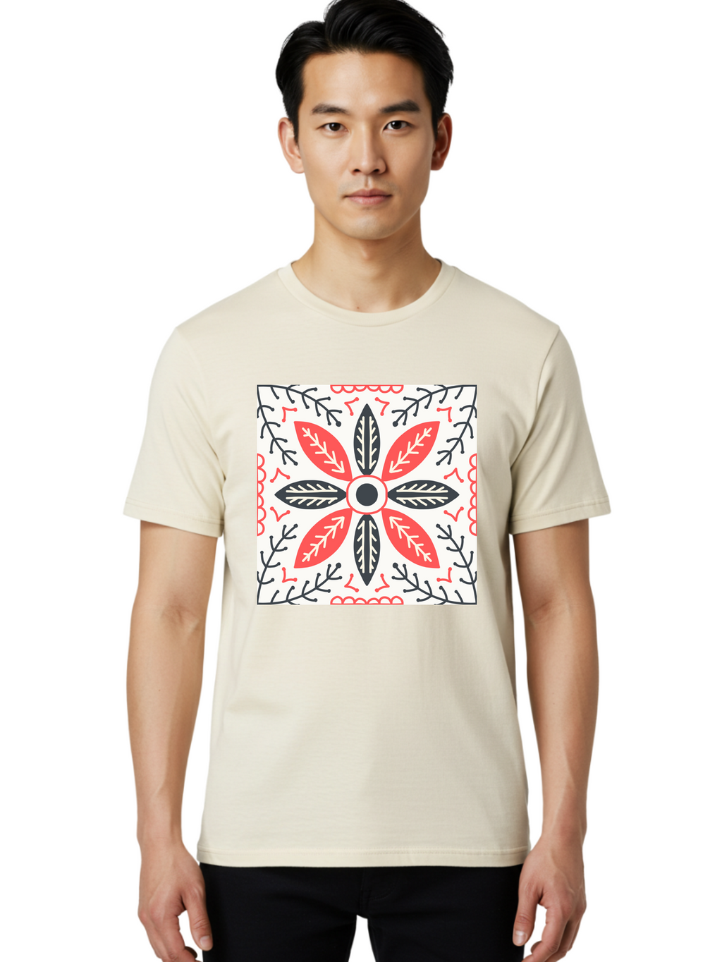 Floral-Pattern-6 Men'S Graphic Tee, 100% Cotton, Comfortable Casual Summer Wear, Machine Washable, Symmetrical Floral Design, Folk Art, Traditional Patterns, Red And Black Hues, Intricate Details, Decorative Elements, Ornate Style, Aab716