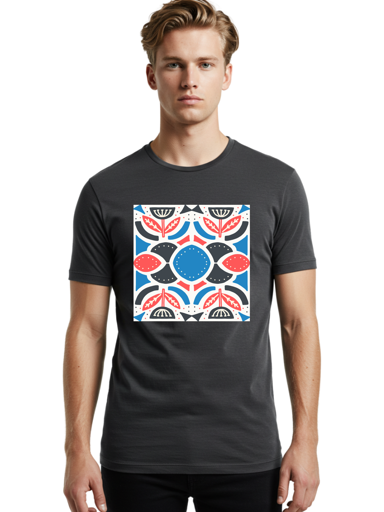 Floral-Pattern-7 Men'S Graphic Tee, 100% Cotton, Comfortable Casual Summer Wear, Machine Washable, Floral Pattern, Abstract Flowers, Geometric Shapes, Blue And Red Hues, White Background, Decorative Design, Symmetrical Composition, Aab717