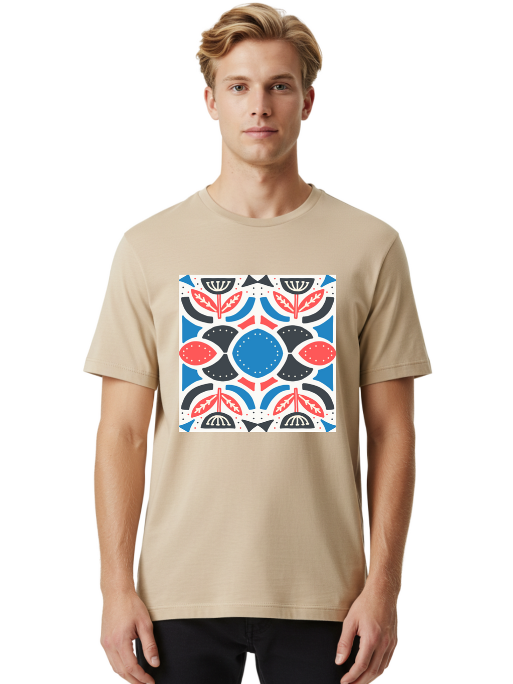 Floral-Pattern-7 Men'S Graphic Tee, 100% Cotton, Comfortable Casual Summer Wear, Machine Washable, Floral Pattern, Abstract Flowers, Geometric Shapes, Blue And Red Hues, White Background, Decorative Design, Symmetrical Composition, Aab717