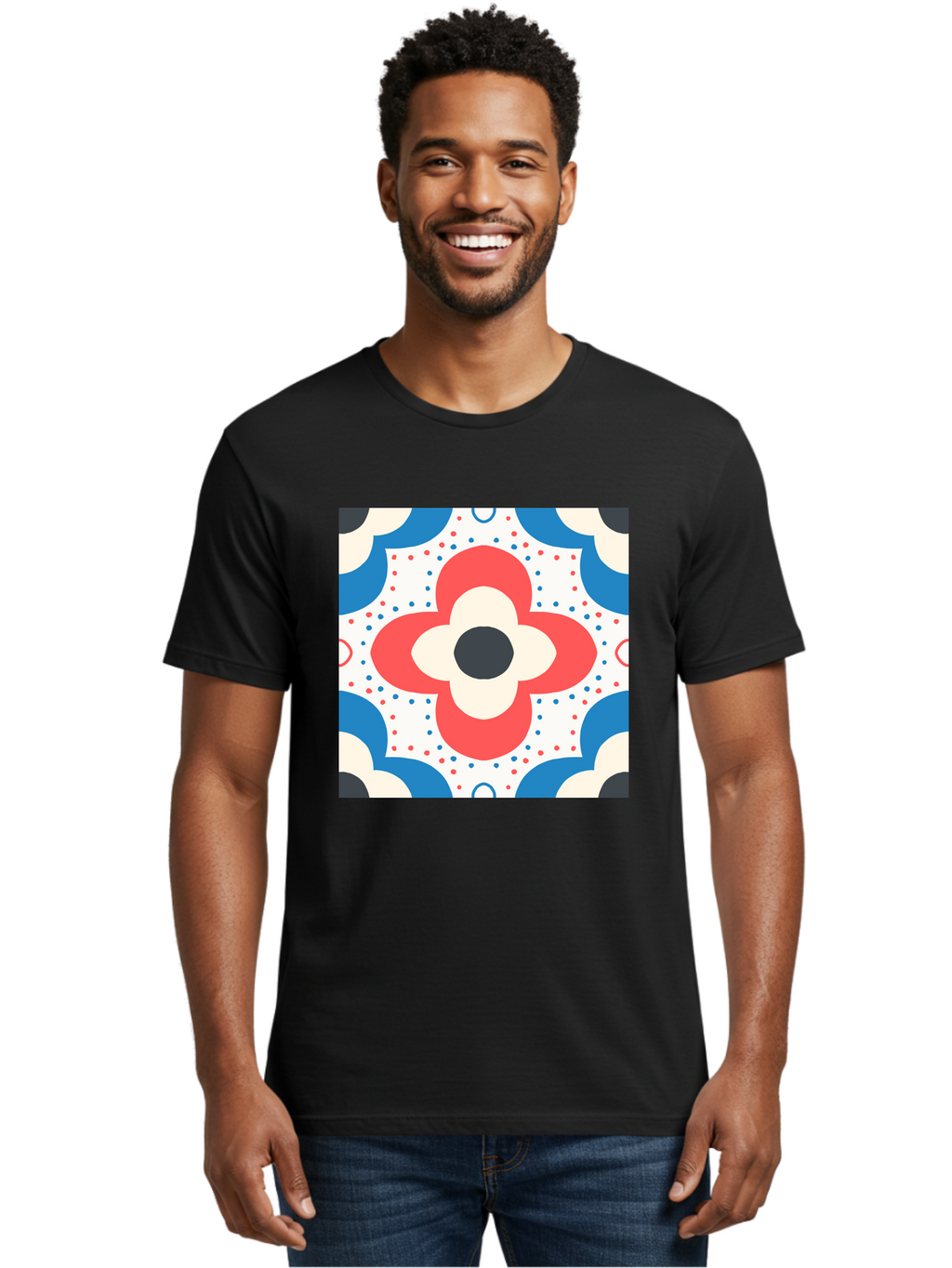 Floral-Pattern-8 Men'S Graphic Tee, 100% Cotton, Comfortable Casual Summer Wear, Machine Washable, Abstract Flower Pattern, Floral Design, Retro Style, Red And Blue Hues, White Background, Colorful Dots, Decorative Elements, Aab718