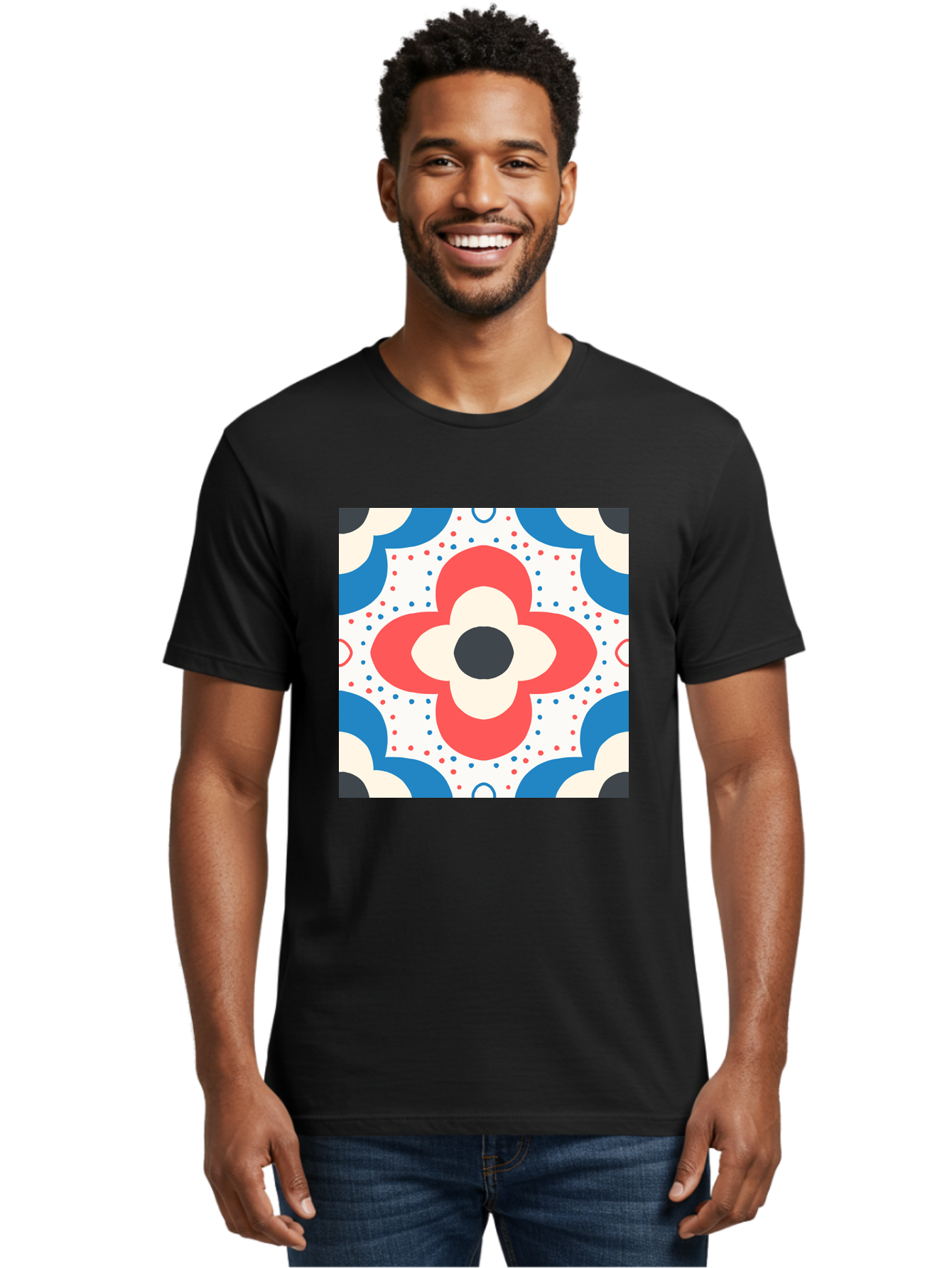 Floral-Pattern-8 Men'S Graphic Tee, 100% Cotton, Comfortable Casual Summer Wear, Machine Washable, Abstract Flower Pattern, Floral Design, Retro Style, Red And Blue Hues, White Background, Colorful Dots, Decorative Elements, Aab718