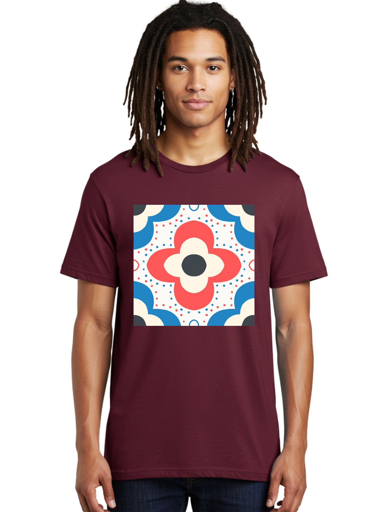 Floral-Pattern-8 Men'S Graphic Tee, 100% Cotton, Comfortable Casual Summer Wear, Machine Washable, Abstract Flower Pattern, Floral Design, Retro Style, Red And Blue Hues, White Background, Colorful Dots, Decorative Elements, Aab718