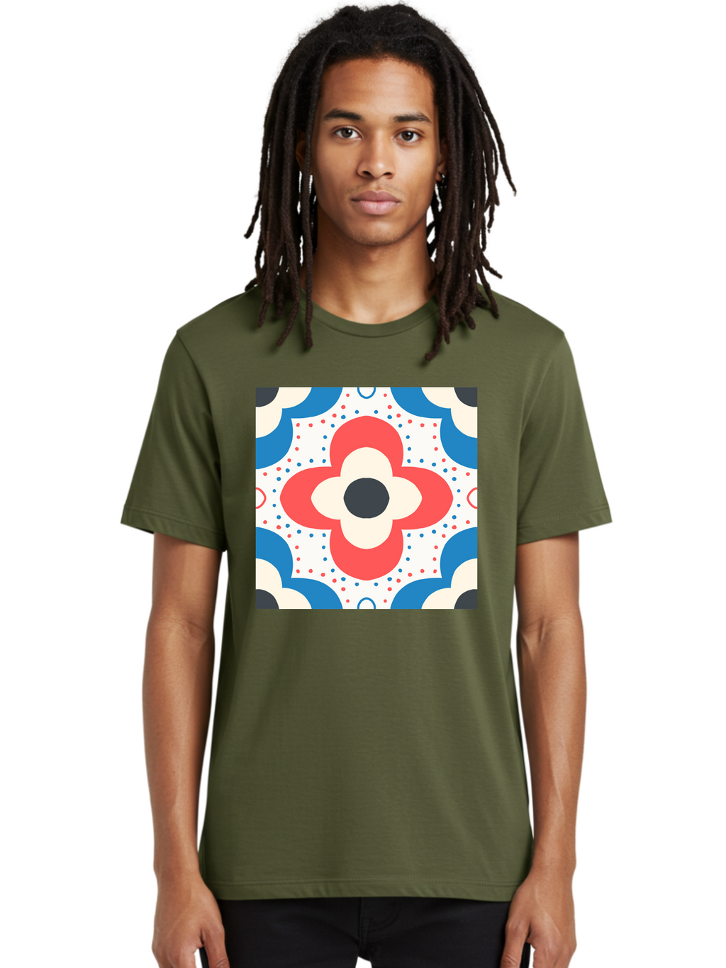 Floral-Pattern-8 Men'S Graphic Tee, 100% Cotton, Comfortable Casual Summer Wear, Machine Washable, Abstract Flower Pattern, Floral Design, Retro Style, Red And Blue Hues, White Background, Colorful Dots, Decorative Elements, Aab718