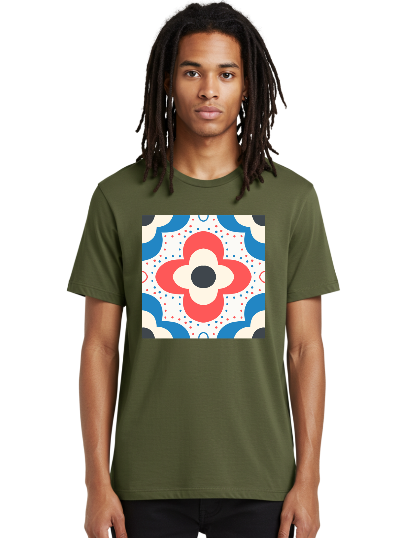 Floral-Pattern-8 Men'S Graphic Tee, 100% Cotton, Comfortable Casual Summer Wear, Machine Washable, Abstract Flower Pattern, Floral Design, Retro Style, Red And Blue Hues, White Background, Colorful Dots, Decorative Elements, Aab718