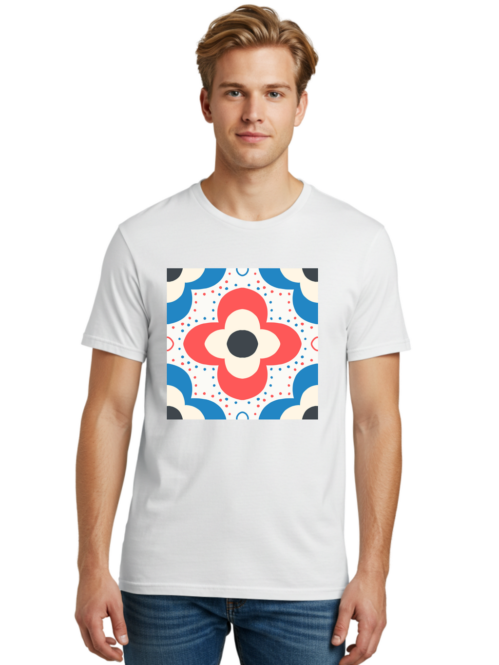 Floral-Pattern-8 Men'S Graphic Tee, 100% Cotton, Comfortable Casual Summer Wear, Machine Washable, Abstract Flower Pattern, Floral Design, Retro Style, Red And Blue Hues, White Background, Colorful Dots, Decorative Elements, Aab718