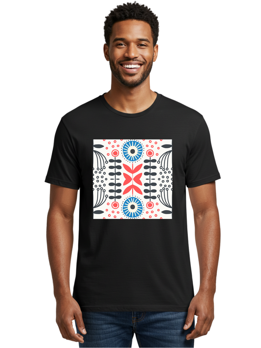 Floral-Pattern-9 Men'S Graphic Tee, 100% Cotton, Comfortable Casual Summer Wear, Machine Washable, Floral Pattern, Abstract Flowers, Geometric Shapes, Red And Blue Accents, Black Lines, White Background, Whimsical Design, Bohemian Style, Aab719