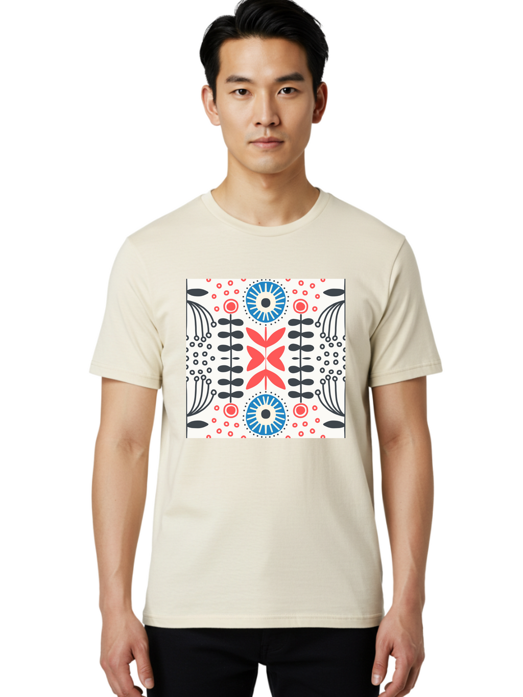 Floral-Pattern-9 Men'S Graphic Tee, 100% Cotton, Comfortable Casual Summer Wear, Machine Washable, Floral Pattern, Abstract Flowers, Geometric Shapes, Red And Blue Accents, Black Lines, White Background, Whimsical Design, Bohemian Style, Aab719