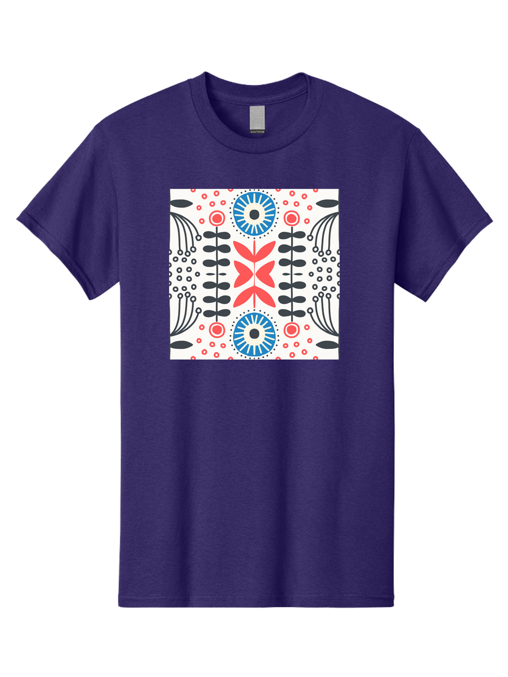Floral-Pattern-9 Men'S Graphic Tee, 100% Cotton, Comfortable Casual Summer Wear, Machine Washable, Floral Pattern, Abstract Flowers, Geometric Shapes, Red And Blue Accents, Black Lines, White Background, Whimsical Design, Bohemian Style, Aab719