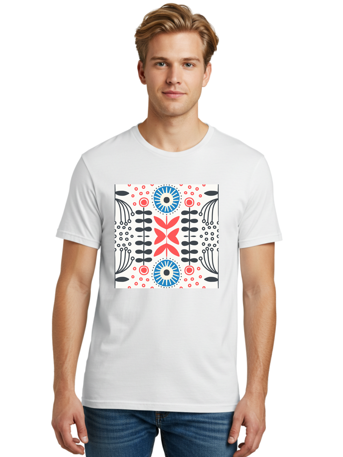 Floral-Pattern-9 Men'S Graphic Tee, 100% Cotton, Comfortable Casual Summer Wear, Machine Washable, Floral Pattern, Abstract Flowers, Geometric Shapes, Red And Blue Accents, Black Lines, White Background, Whimsical Design, Bohemian Style, Aab719